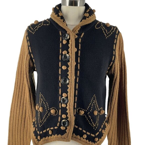 NWT Vintage Dead Stock Hand Embroidered Mixed Knit Bobble Black Tan Cardigan S - Picture 1 of 12